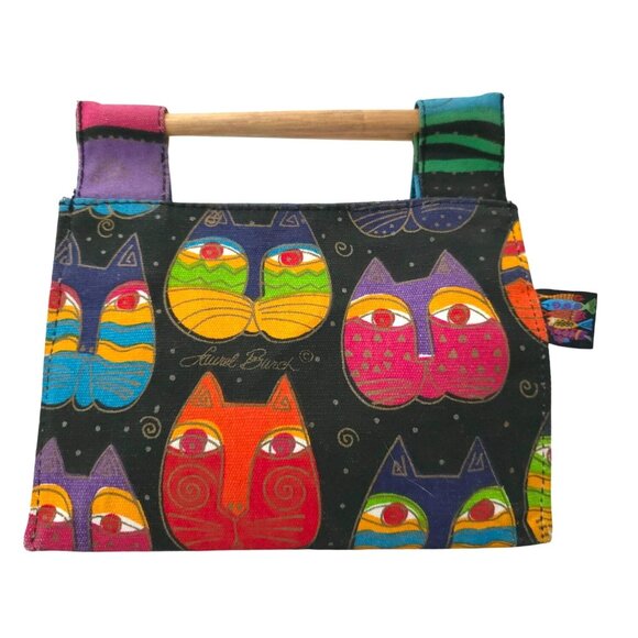Laurel Burch Handbags - Laurel Burch Multicolor Cat Gato Pattern Canvas Mini Handbag With Wooden Handles